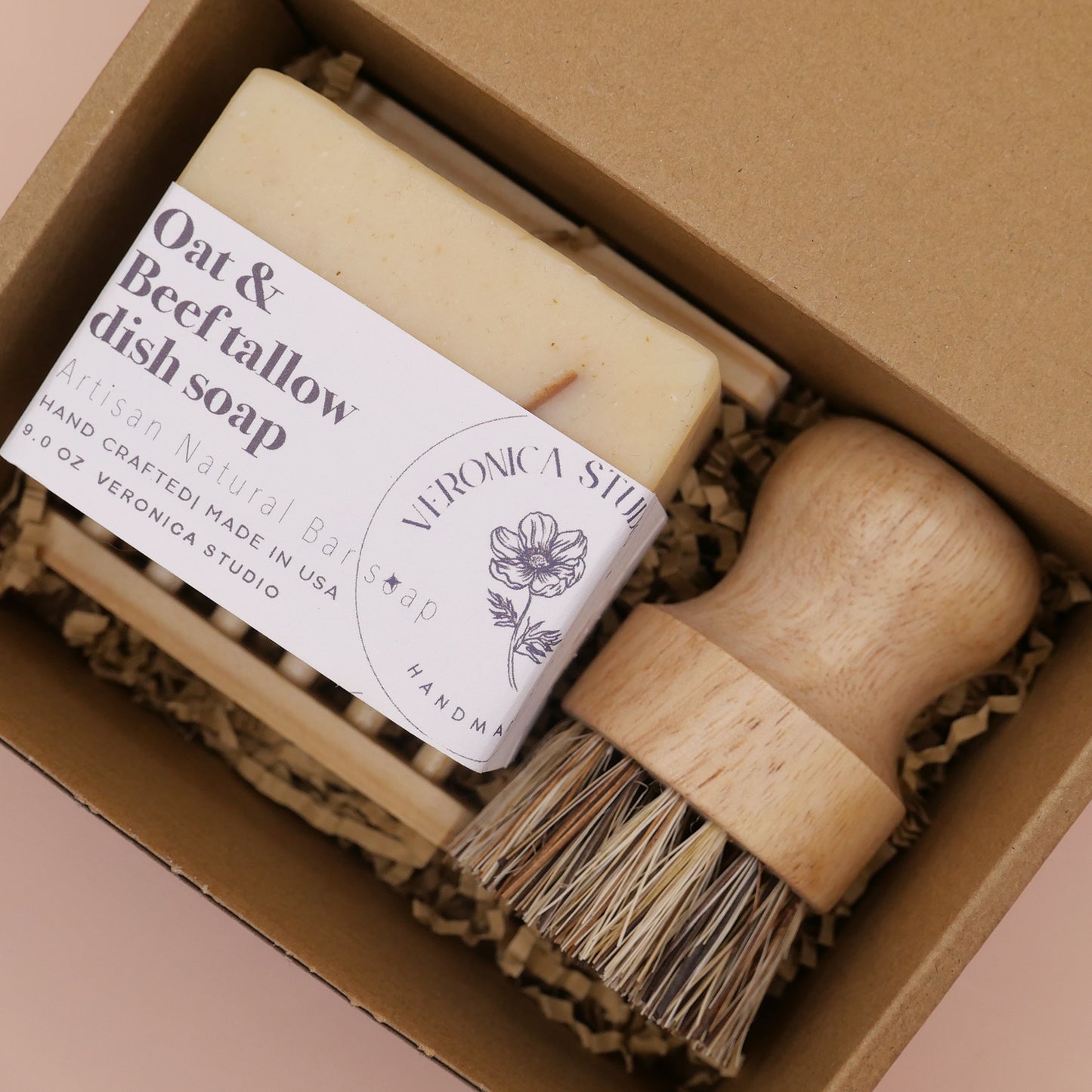 Beef tallow dish bar gift set (tray + Brush)