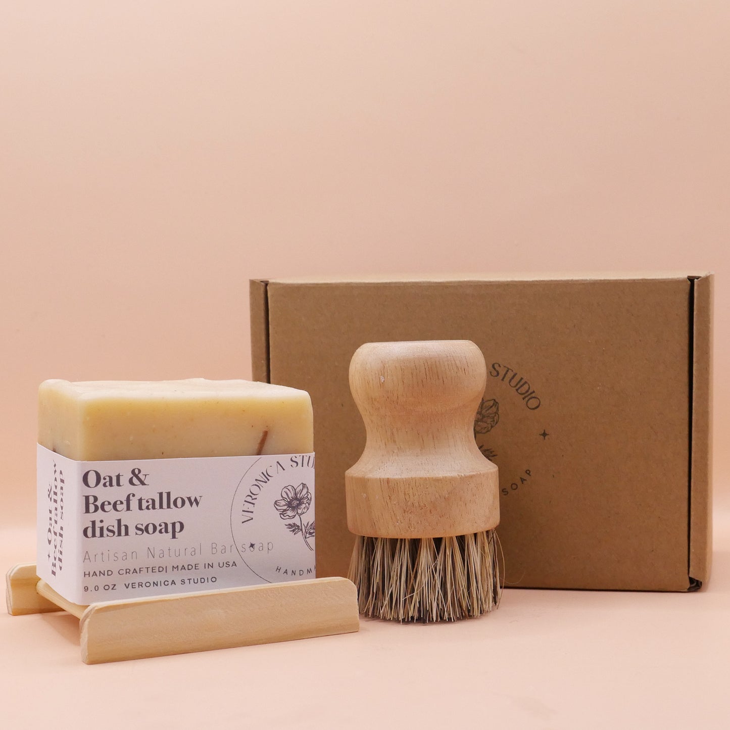 Beef tallow dish bar gift set (tray + Brush)