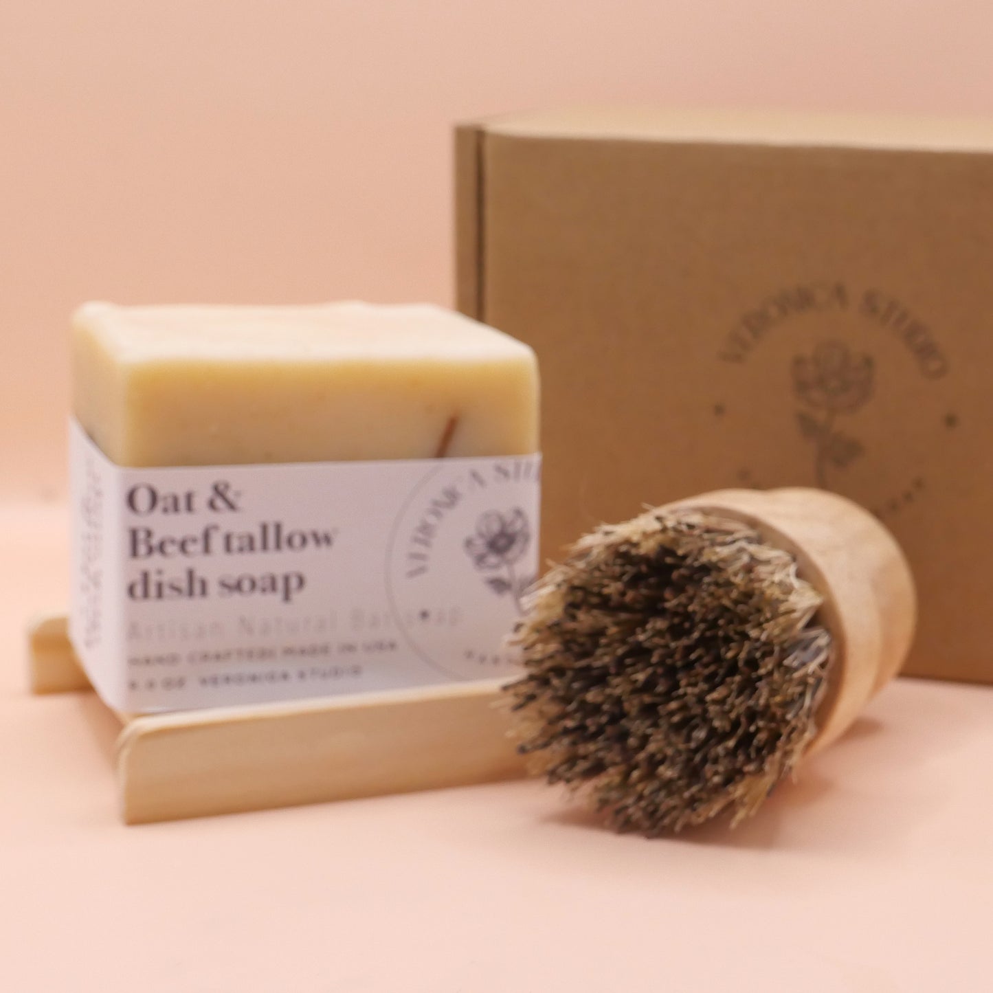 Beef tallow dish bar gift set (tray + Brush)