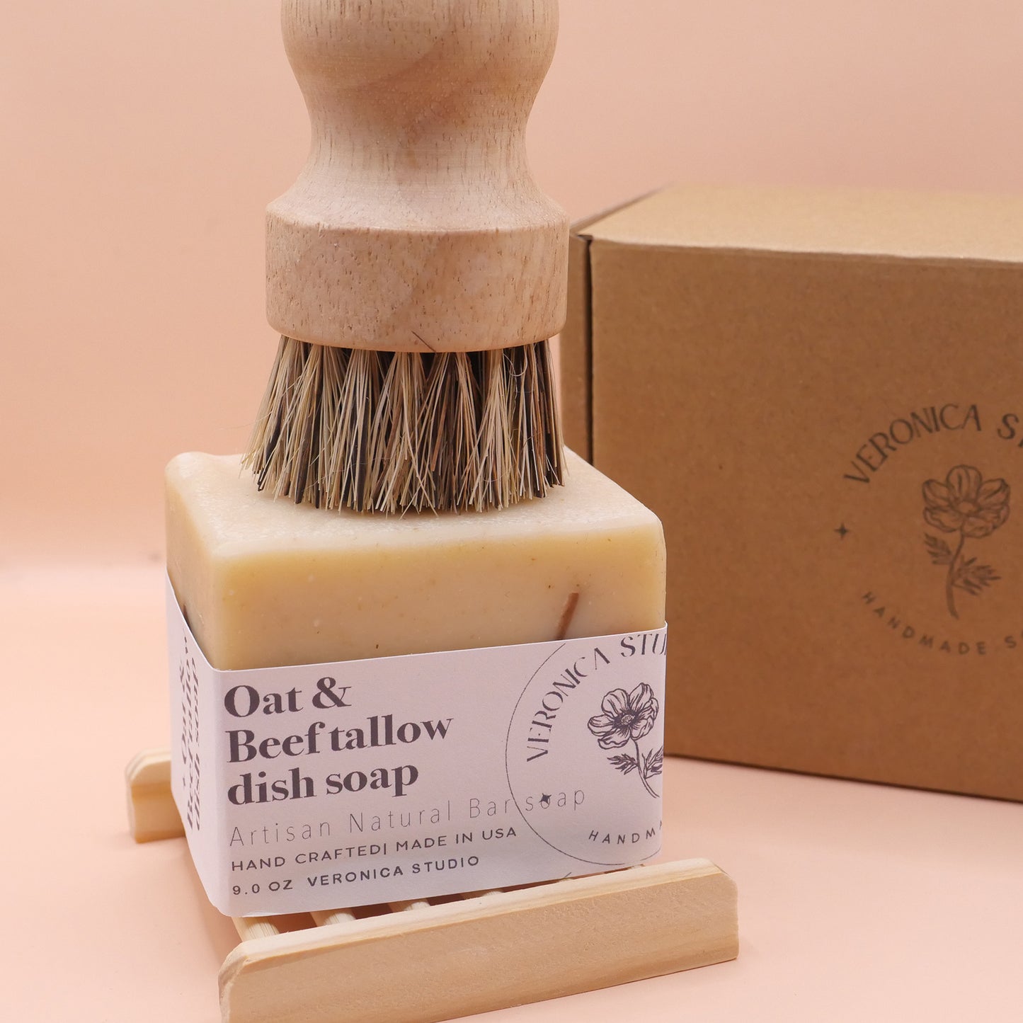 Beef tallow dish bar gift set (tray + Brush)